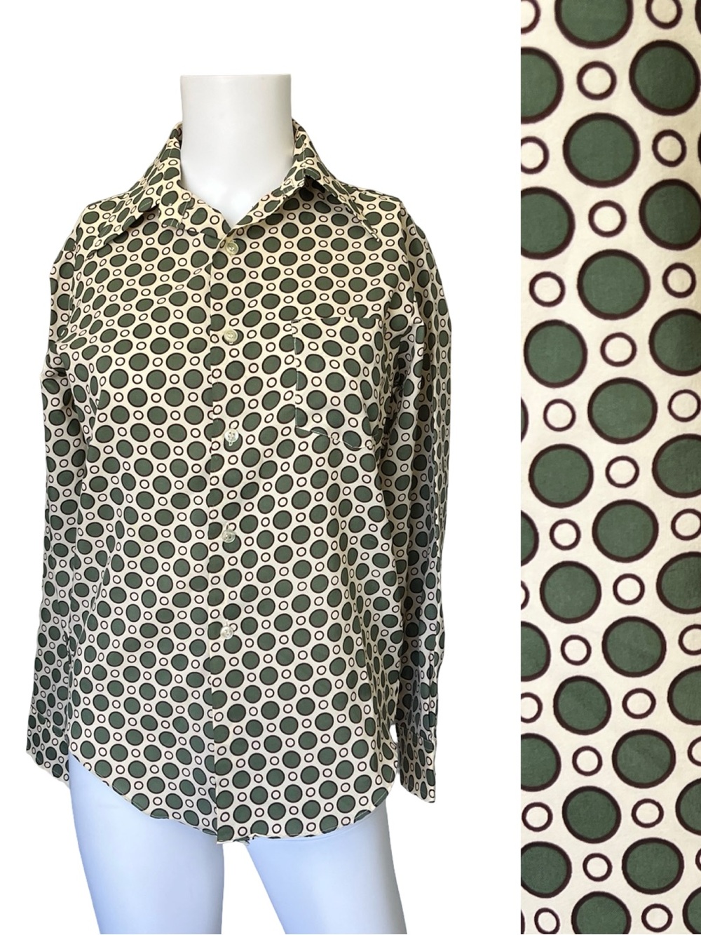 Vintage 70s Envoy Button Up Shirt Green Polka Dot Funky Permanent Press Womens